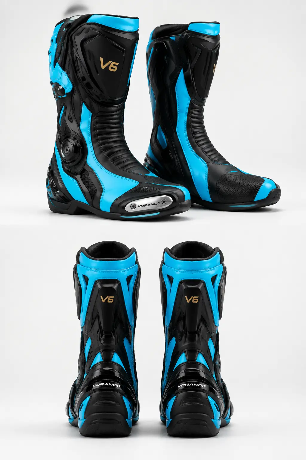 V6 Velocity 10 premium studio front and rear views in Cyan / Black