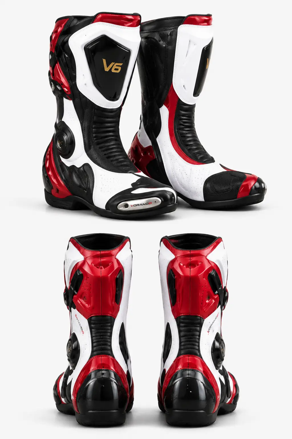 V6 Velocity 06 premium studio front and rear views in Pearl White / Red
