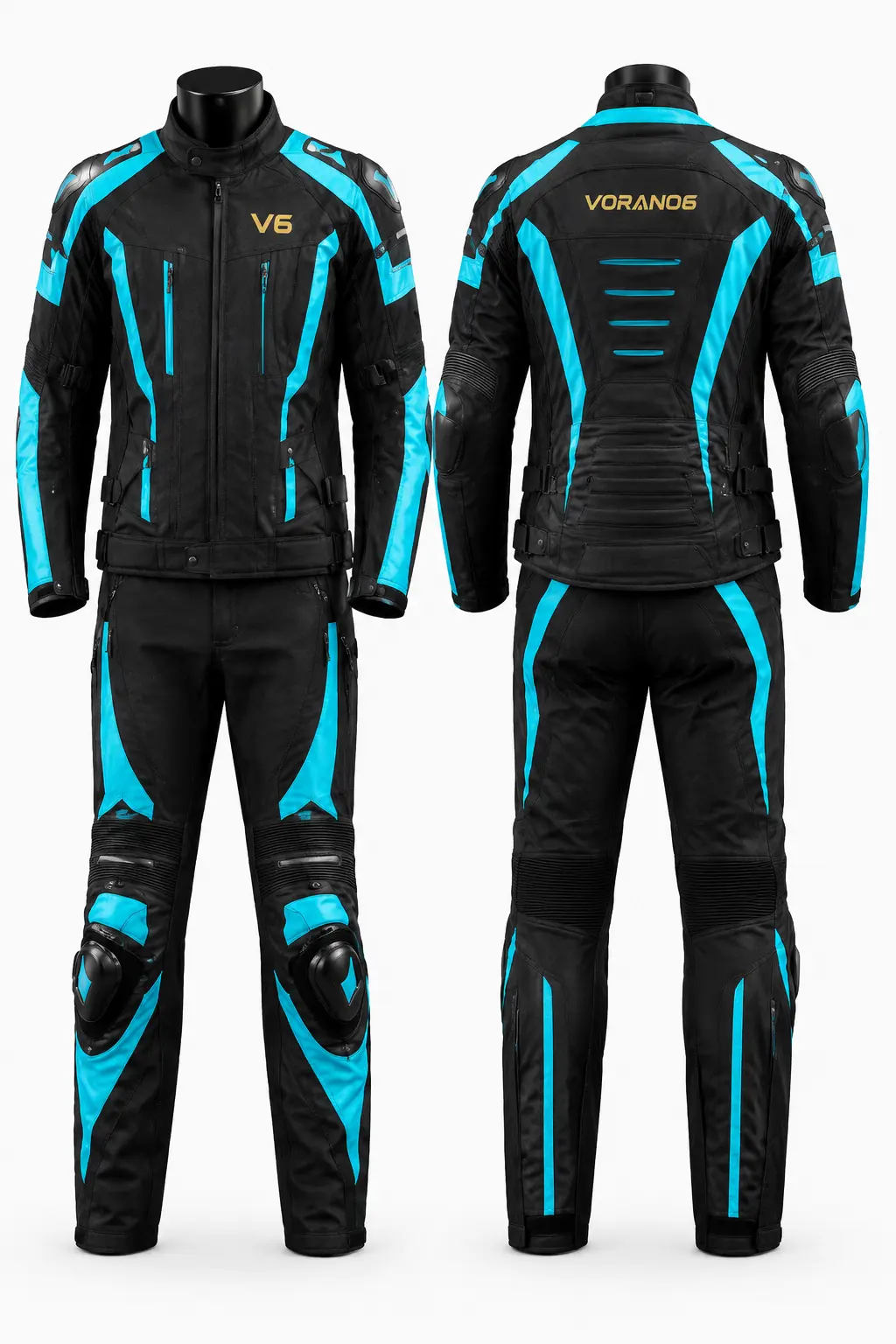 V6 Tour 10 premium studio front and rear views in Cyan / Black