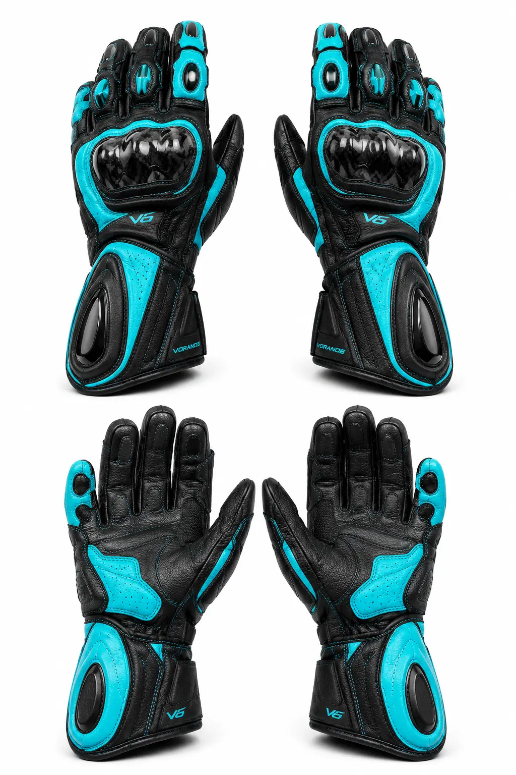 V6 Grip 10 premium studio front and rear views in Cyan / Black