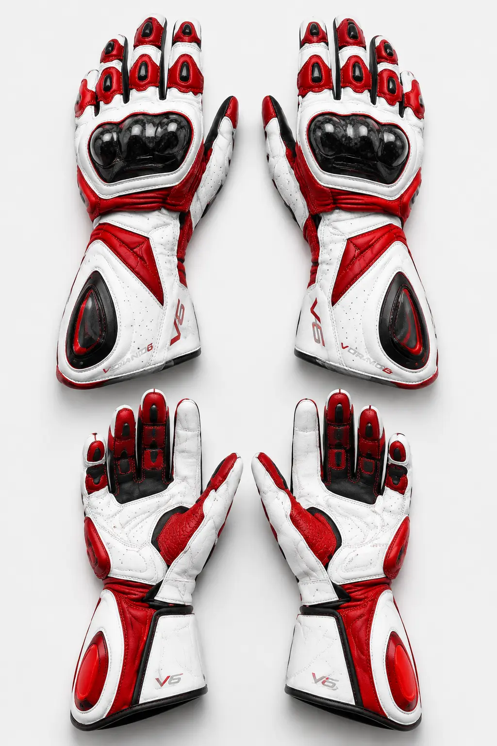 V6 Grip 06 premium studio front and rear views in Pearl White / Red