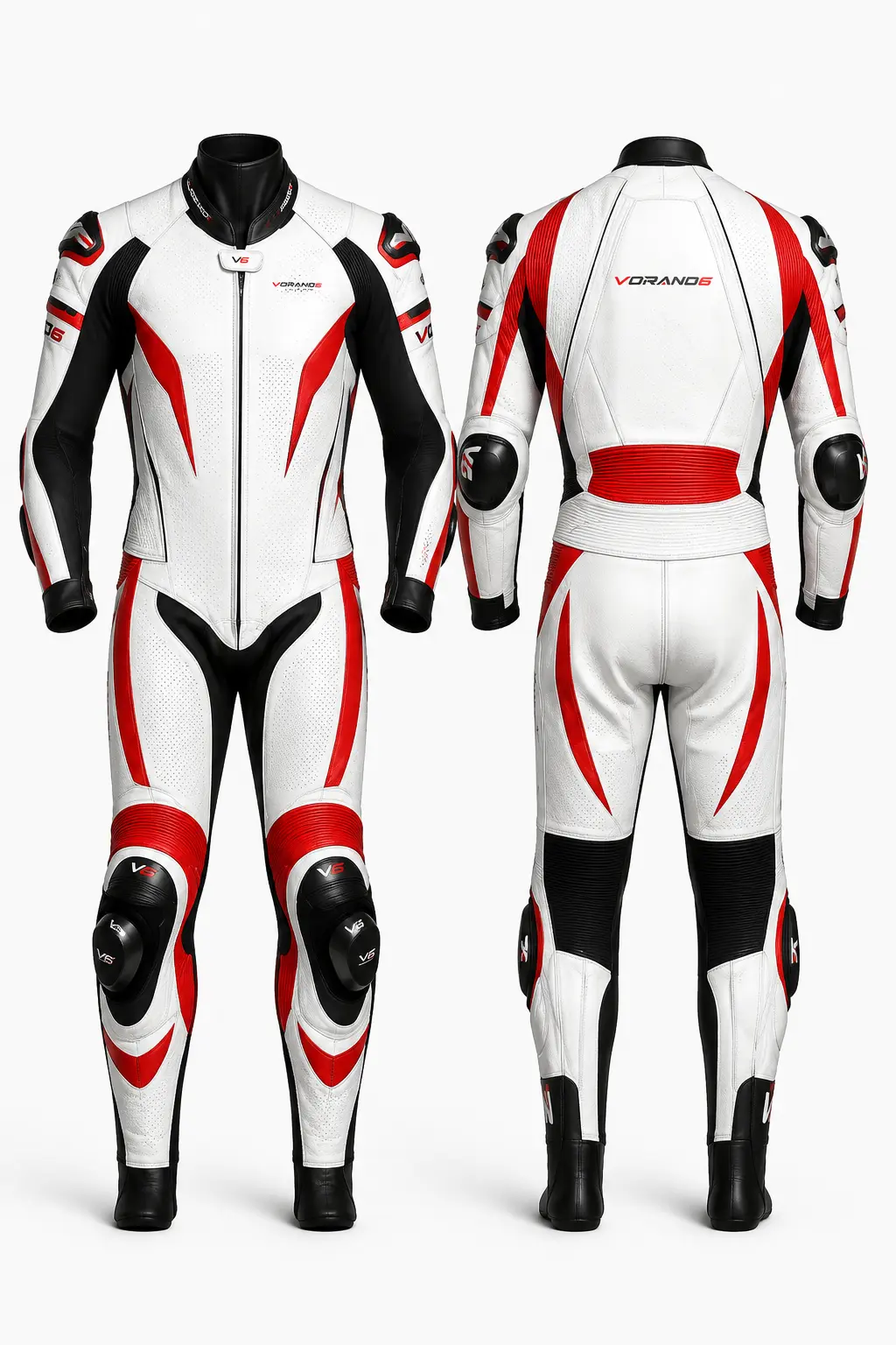 V6 Apex 06 premium studio front and rear views in Pearl White / Red