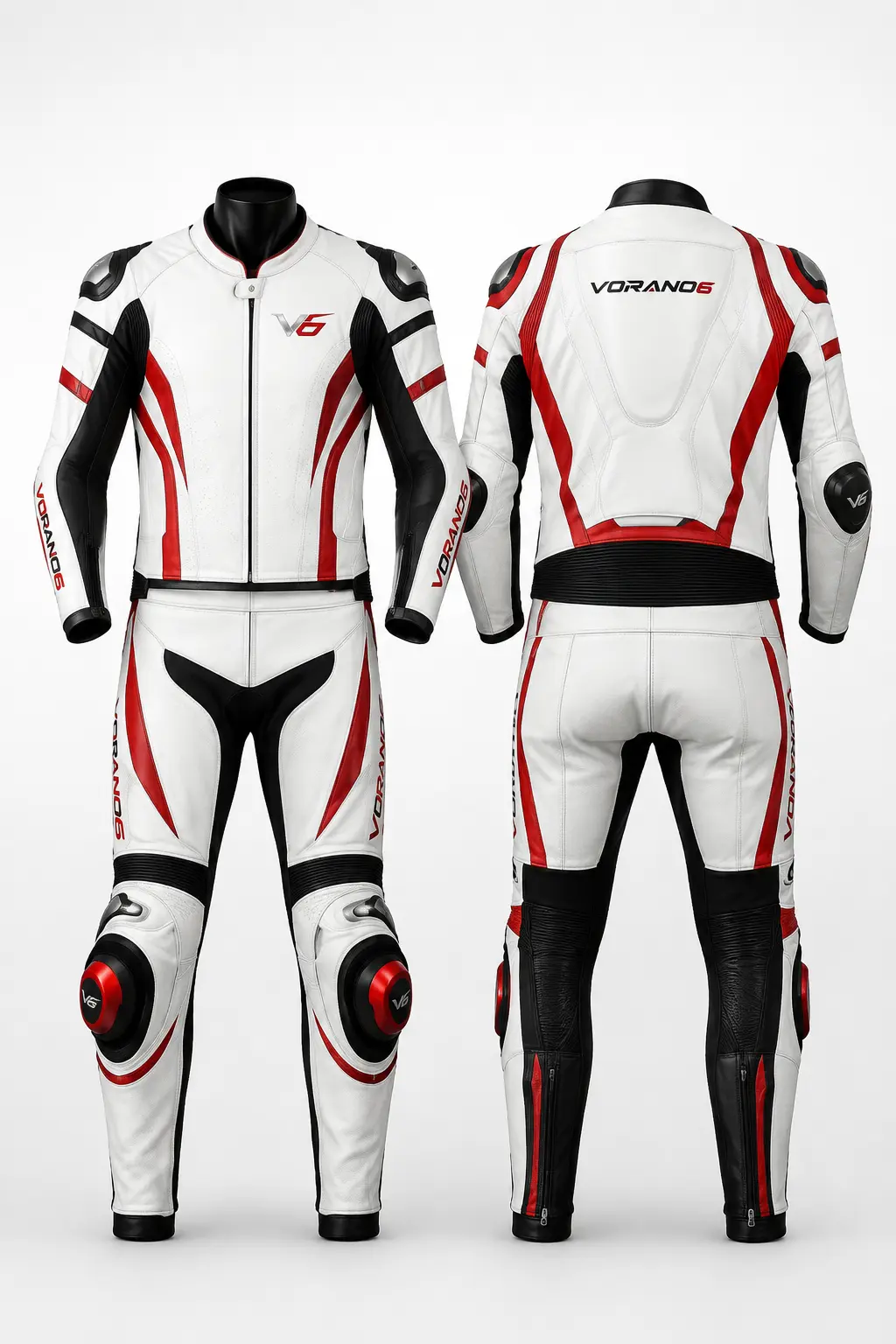 V6 Vector 06 premium studio front and rear views in Pearl White / Red