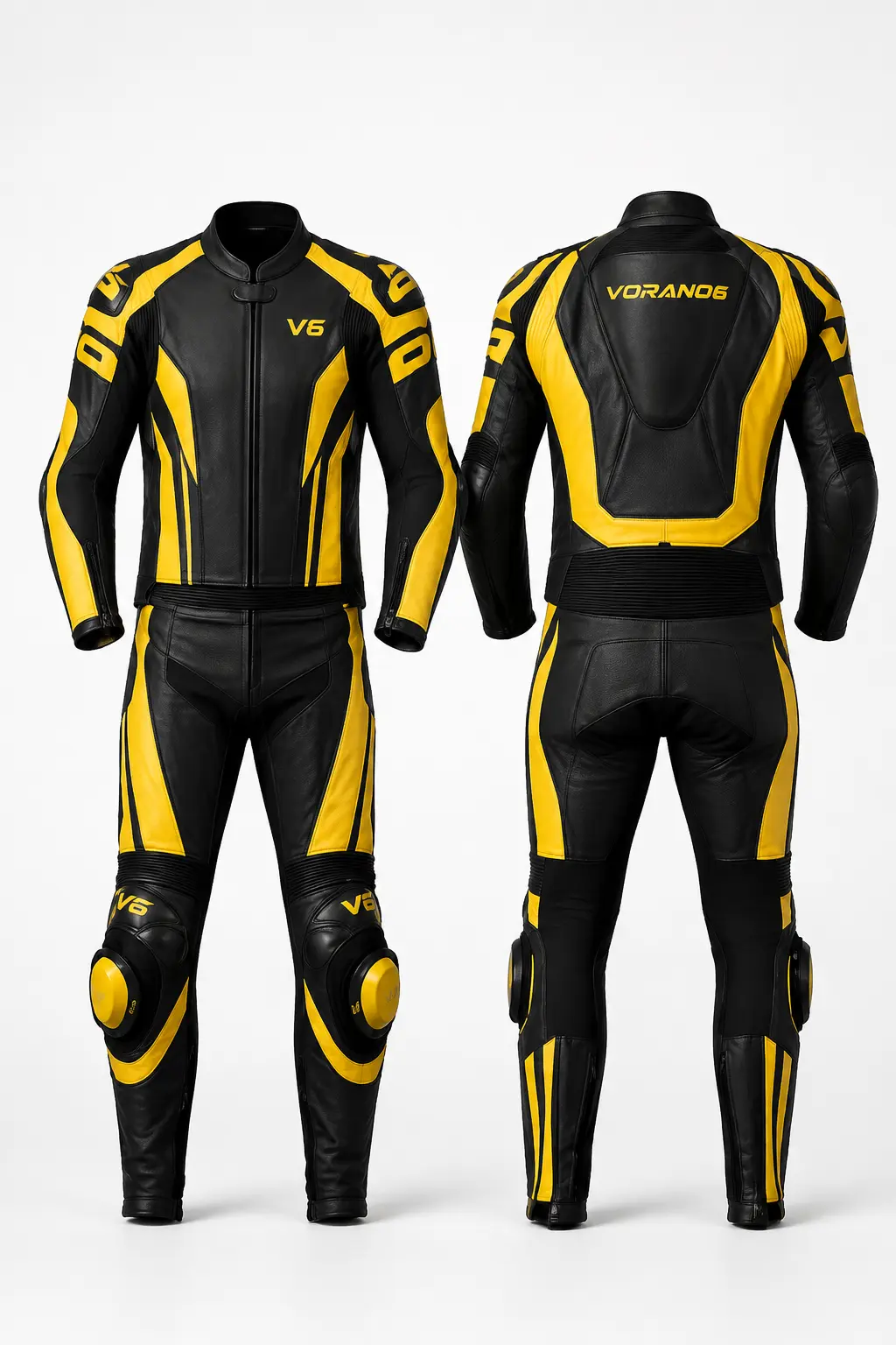 V6 Vector 08 premium studio front and rear views in Race Yellow / Black
